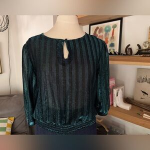 Vintage 80’s Shiny Puff Sleeve Elastic Waist Keyhole Teal Striped Women's Blouse